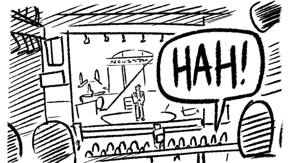 The set of New York City Live with Tyler Hughes standing in the spotlight. A Big ol' "HAH!" in a speech balloon covers a 1/6th of the illustration