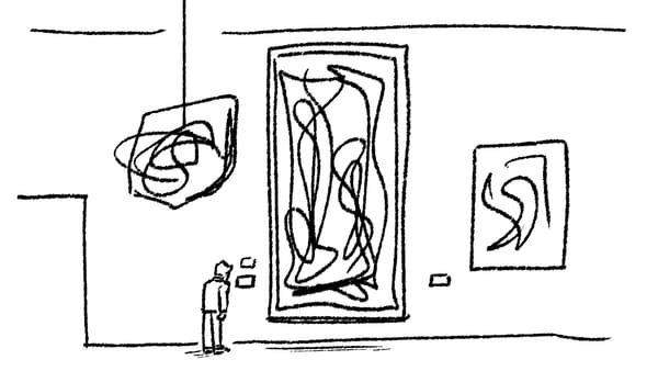 a small hastily drawn john looks at a wall plaque at an art gallery. most of the art pieces are squiggly nonsense